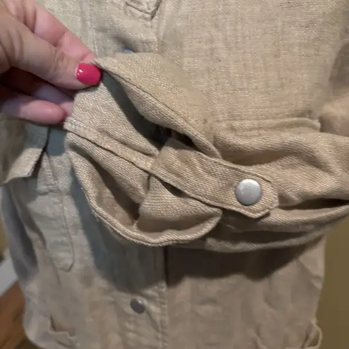 C&C California 100% Linen Utility Jacket Beige Tan Snap Front Roll Tab Sleeves L Size L