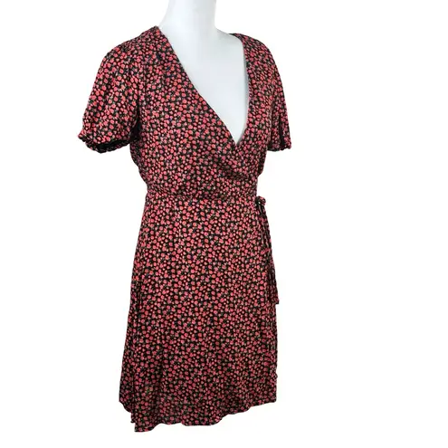 NWT Lulus Red Floral Wrap Your Favorite One Puff Sleeve Black Mini Dress Size XS