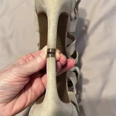 Fergalicious Heartthrob faux suede lace up back zip heeled sandals EUC