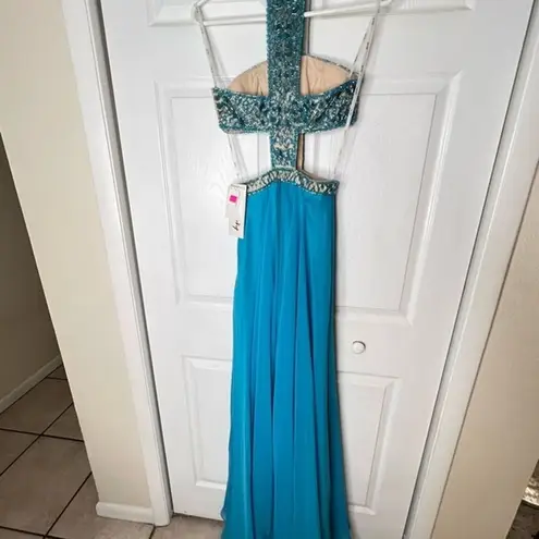 Angela and Alison teal blue beaded prom wedding ball evening gown size 0 Pageant