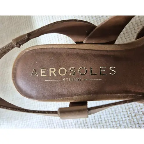 Aerosoles Brand New In Box Carmel Brown Leather Wedge Heel Sandals Shoes Size 9M