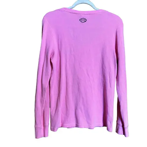 Harley Davidson Top Womens Large Pink Waffle Knit Tee Long Sleeve Cotton Blouse