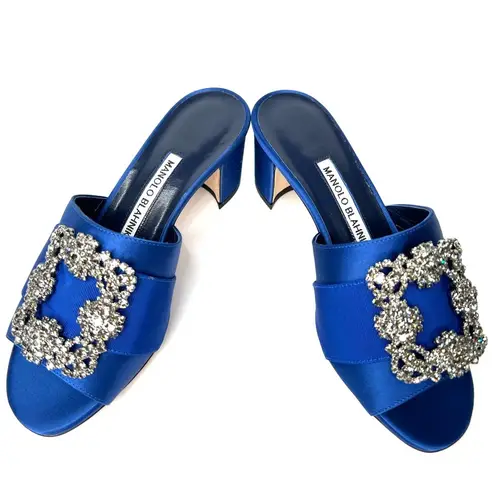 Manolo Blahnik Martanew 50mm Crystal Hangisi Blue Satin Mule Pump Size EU 35