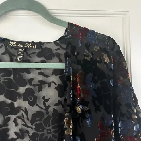 Winter Kate Kimono Topper Floral Velvet Burnout Bohemian kimono silk XS Black