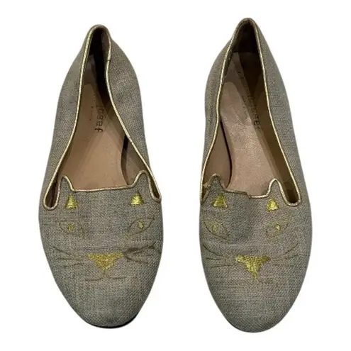 Jon Josef Loafer Smoking Slipper Flat Gatsby Kitty Cat Linen Anthropologie 9 Tan