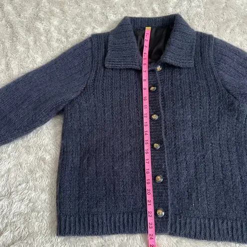 Vintage Mohair Medium Jacket Navy Button Up Cardigan Sweater Collared Cable Knit Blue