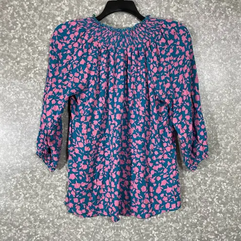 Bobeau  Blue & Pink Floral Boho Peasant Blouse - Size Small - 3/4 Balloon Sleeves