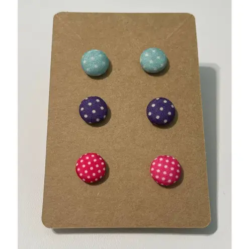 None Fabric Covered Button Earrings Stud Set Pink Purple Teal Blue Polka Dots Round