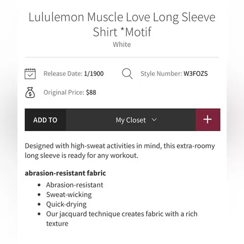 Lululemon  Muscle Love Long Sleeve Shirt Top Motif White Graphic Wordmark Size 6