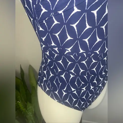 NWT Gottex Profile One Shoulder Swimsuit Size 6 Navy White Ruffle Bathin… Blue