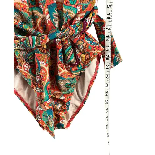 Basta Surf One Piece Swimsuit Womens 12 Red Orange Paisley Plunge Tie Boho NEW