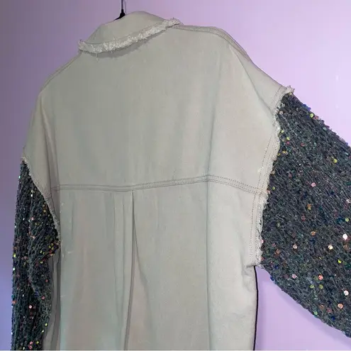Light Grey Jean Jacket M Oversized Blue Velvet Sequins Cotton Blend Size M