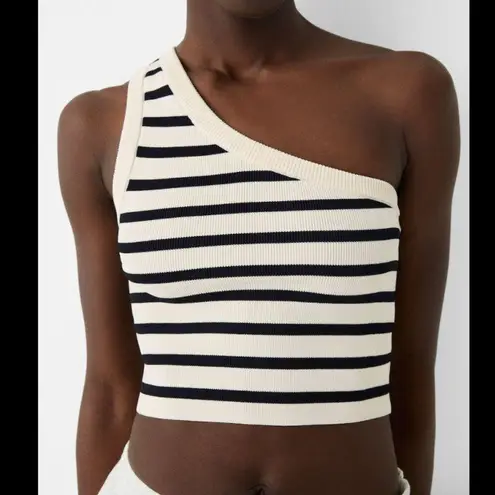 Bershka One Shoulder Contrast Piping Knitted Top Ecru Black M