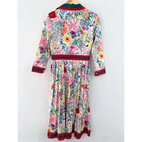 NEW Dalia Macphee Floral Pleated Fit Flare Midi 50s Dress Small Retro Rockabilly Red