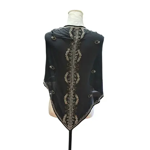 Black Embroidered Sheer Scarf Evening Wrap Shawl Gold & White Beaded Detailing