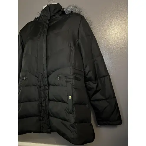 Larry Levine Down Jacket Womens Medium Black Hooded Faux Fur Removable Hood Coat