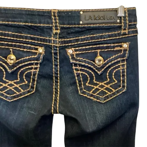 L.A. Idol Bootcut Rhinestones Accent Contrast Stitches Dark Wash Flap Pockets 7 Blue Size undefined