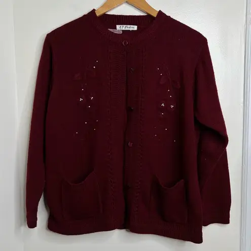 VTG Cardigan Sweater Maroon floral tonal embroidery Pearl bead details Grannycor Size undefined