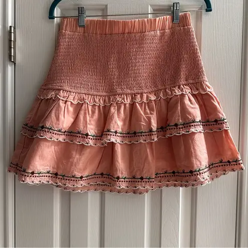Floral Embroidered Smocked Mini Skirt 100% Cotton Dusty Pink Medium Western Boho