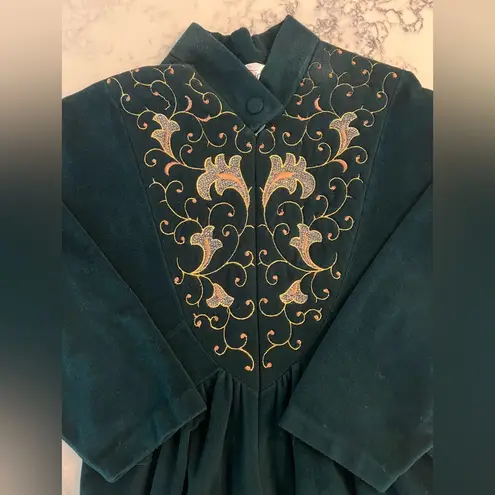 Vintage Vanity Fair House Coat Robe Green Velour Pockets Embroidered Medium