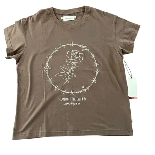 HONOR THE GIFT Embroidered Rose & Barb Wire Brown Cream Shirt Sz S Relaxed NWT