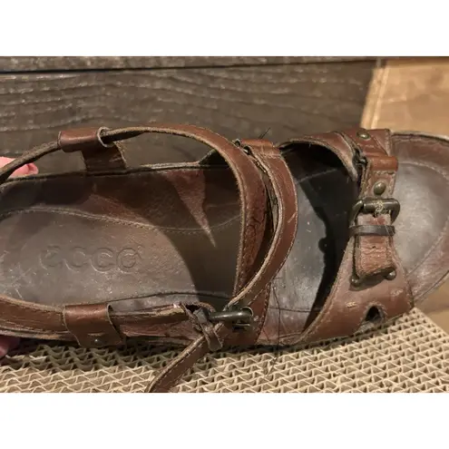 Brown Leather Ecco Criss Cross Adjustable Strap Sandals sz 6.5 Comfort Lagenlook