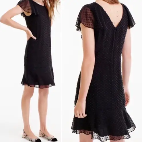 J.Crew‎ Black Clip Dot Flutter Sleeve Silk Dress Size 2