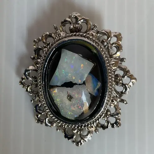 Vintage Baroque Opal Style Glass Brooch Pendant Gold Ornate Frame Pin Victorian Silver