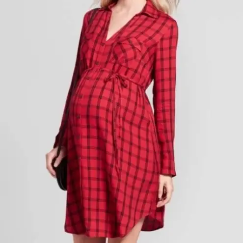 Ingrid and Isabel Red & Black Maternity Plaid Dress/Top “Shacket” Collared Size undefined