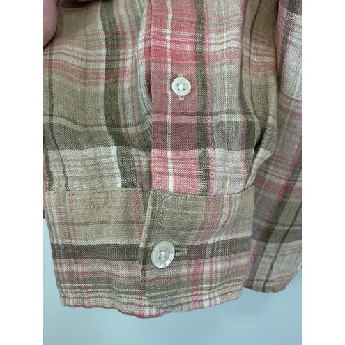 Ralph Lauren Womens L 100% Linen Button Up Shirt Pink Green Tartan Plaid Country Size L