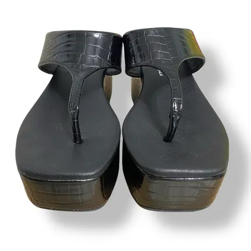 Coconuts by Matisse Lyric Black Croc Embossed Wedge Heel Thong Platform Sandals