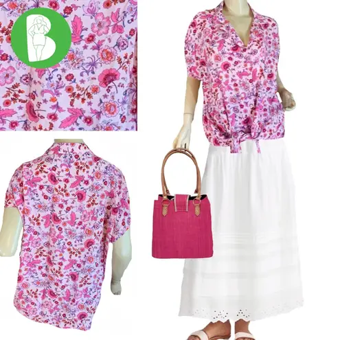 Torrid  PINK AND PURPLE FLORAL PRINT BUTTON DOWN AND TIE WAIST TOP (2X) - Image 2