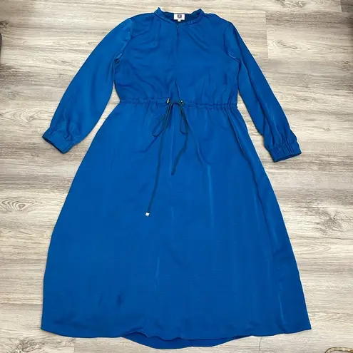 ENVI Blue Silky Elastic Drawstring Waist Long Sleeve Midi Dress Size Small