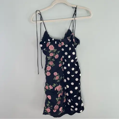 For Love & Lemons  Mochi Shirred Mini Dress Black Floral Polka Print NWT XS