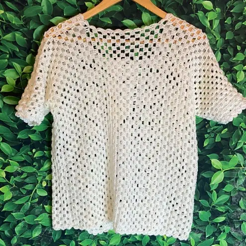 Crotchet style short sleeve white trendy see through top White Size undefined