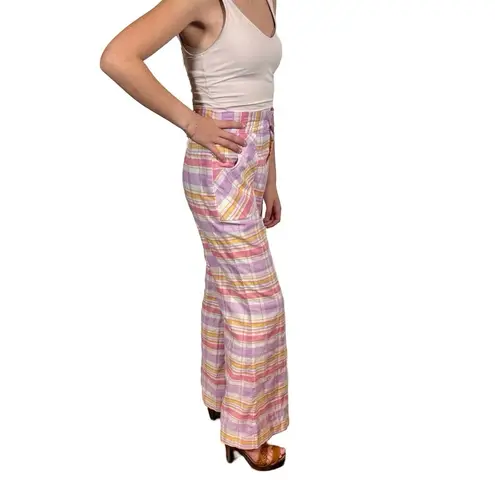 True Vintage 60s 70s Seersucker Plaid High Waisted Wide Leg Bellbottom Pants Pink Size XS