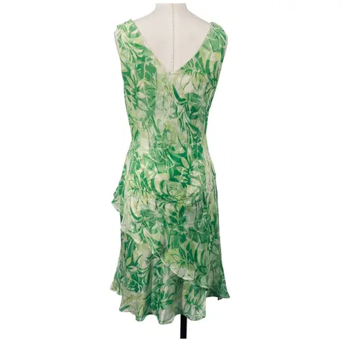 Vintage Y2k Silk Dress Floral Leaf Printed Faux Wrap Sleeveless Gathered Green Size 8