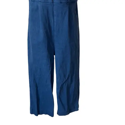 En Saison Denim Stretch Ruffled High Rise Wide Leg Crop Jumpsuit Blue
