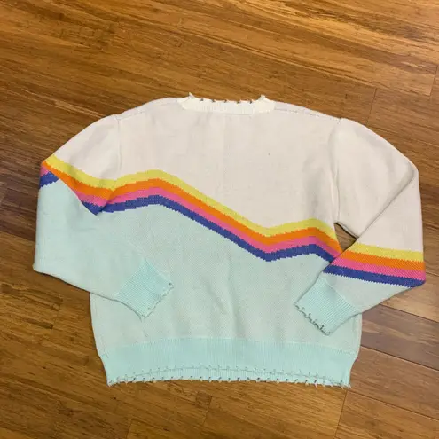 Miss Sparkling Knit Sweater Womens XL Colorful Stripe Pullover Distressed Trim White