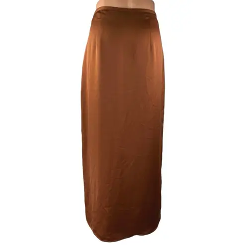 Club Monaco Trycia Brown Silk Satin Slit Zip Midi Straight Pencil Slip Skirt 8