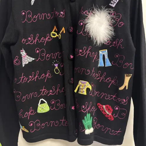 Berek Born To Shop Sweater Applique Embroidered Black Button Front Women’s L Size L