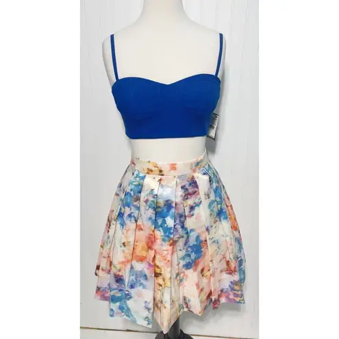 AQUA  Bustier Crop Top Pleated Skirt Cutout Mini‎ Dress Marble Print Blue White 6