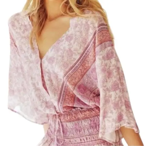 Mystree Women’s Size L Purple Pink Pastel Floral Boho Wrap Shirt Top