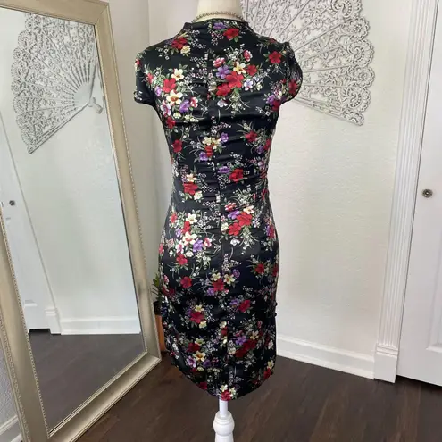 Vintage Colorful Floral Black Shinty Satin Cheongsam Bodycon Midi Dress S