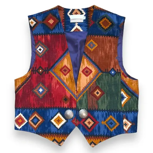 Vintage 90s Coldwater Creek Southwestern Tapestry Vest Concho Buttons Medium Red