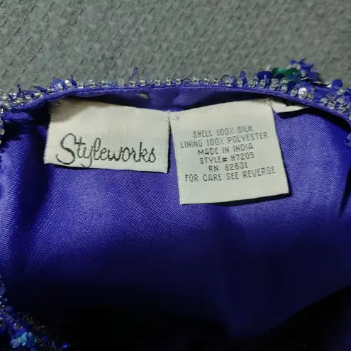 Vintage Styleworks Sequined Silk & Polyester Top Short Sleeve Blue & Green Women Size L