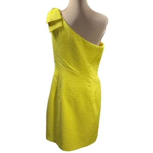 London Times Women's Sheath Dress One Shoulder Bow Bright Yellow Size 12