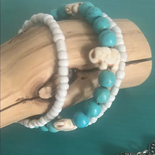 Set Turquoise Dyed Howlite and Magnesite Elephant Coil and Southwest Bracelets Blue - Image 3