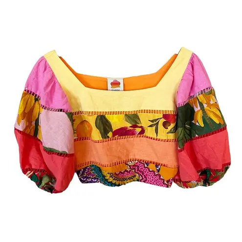 Farm Rio Tiered Top Rainbow Mixed Print Cropped Linen Multicolor Puff Sleeve Sm