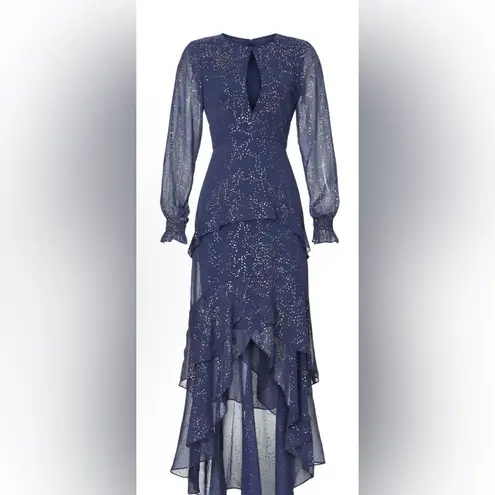 Hutch Molly Gown Navy Gold Sparkly Chiffon Ruffled Tiered Maxi Dress Sz 2